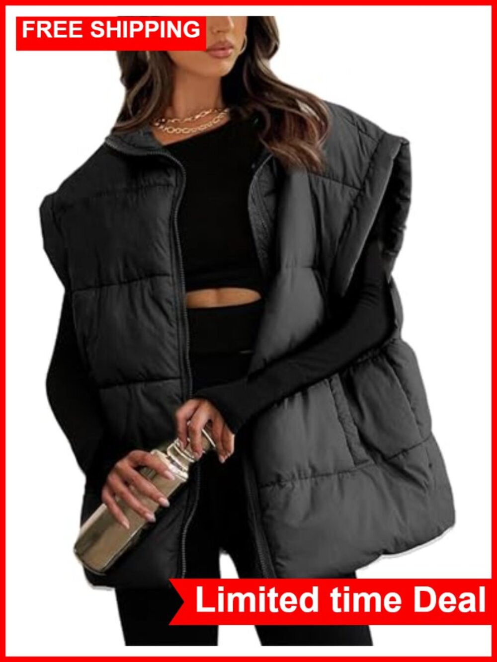 Women's Oversized Puffer Vest Stand Collar Lightweight Winter Outerwear